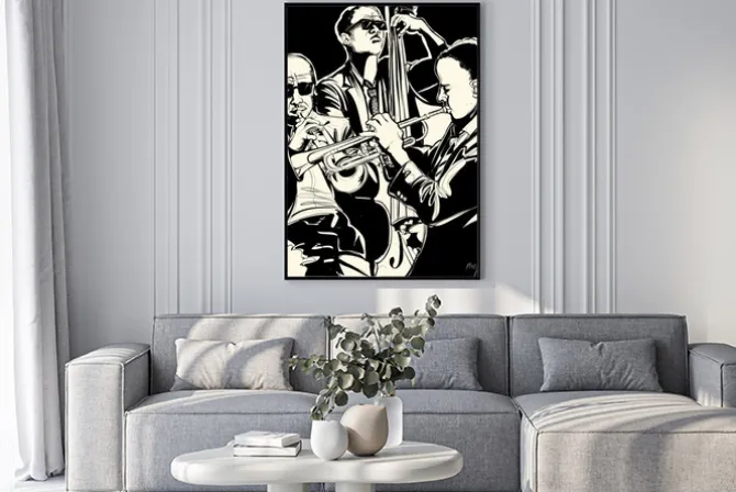 Plakat: Zespół jazzowy z trąbką i kontrabas