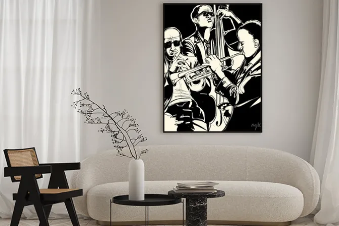 Plakat: Zespół jazzowy z trąbką i kontrabas