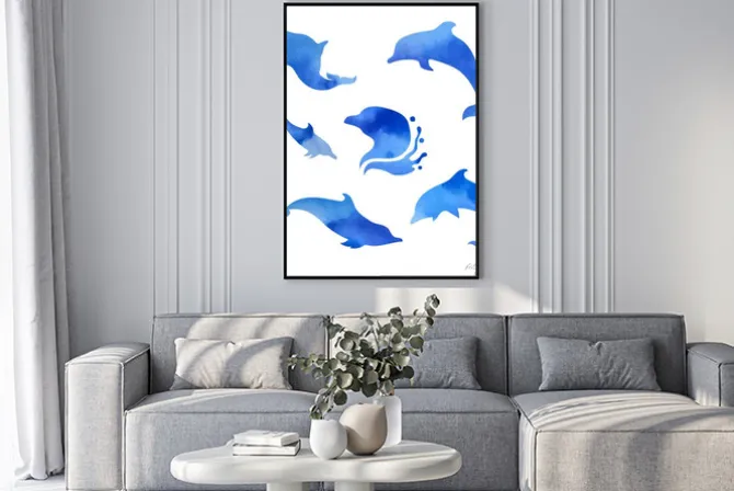 Plakat: Zestaw akwareli delfinami