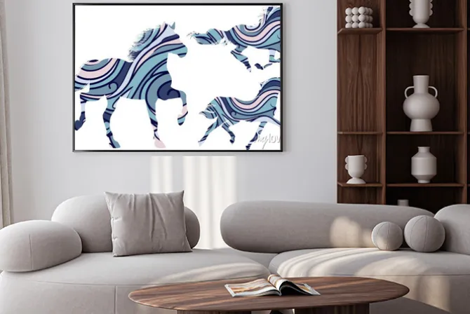 Plakat: Zestaw trzech niebieskich wzorzystych sylwetki koni uruchomione