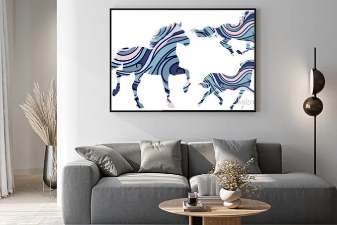Plakat: Zestaw trzech niebieskich wzorzystych sylwetki koni uruchomione