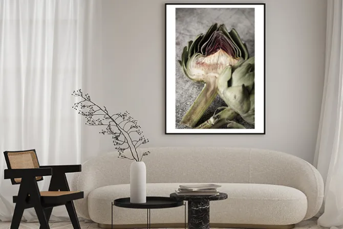 Plakat: Zielone karczochy na szarym tle