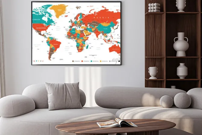 Plakat: Zielony czerwony żółty brązowy world map - granice, kraje i miasta