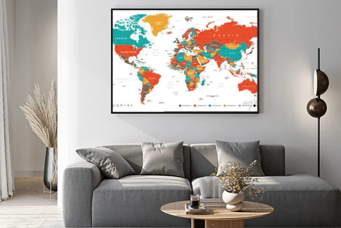 Plakat: Zielony czerwony żółty brązowy world map - granice, kraje i miasta