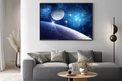 Plakat: Ziemia i księżyc w gwiaździstym kosmosie