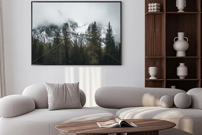 Plakat: Zimowy krajobraz dolomitów we mgle