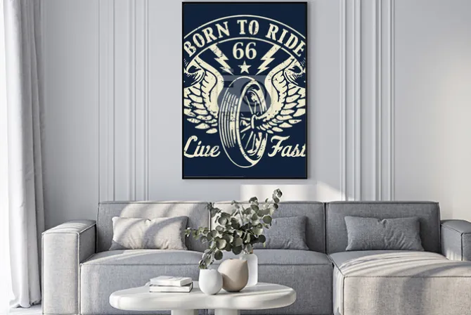 Plakat: Znak motocyklowy z napisami