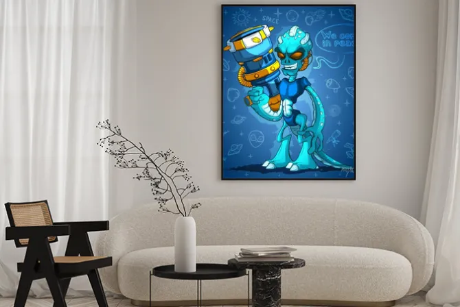 Plakat: Złośliwa obce space invader z bronią