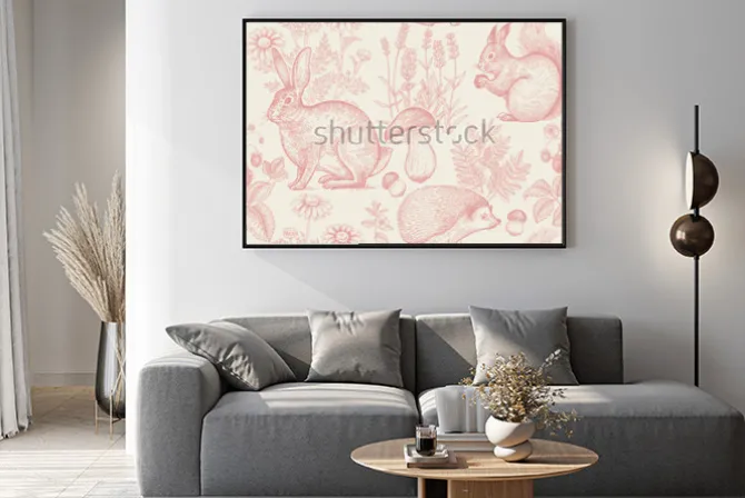 Plakat: Zwierzęta leśne i rośliny wzór. zając, jeż, wiewiórka, jagody