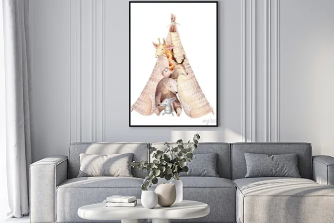 Plakat: Zwierzątka w boho tipi dla dzieci