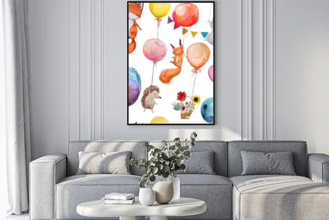 Plakat: Zwierzątka wiszące na kolorowych balonach