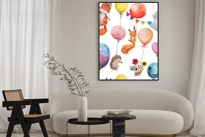 Plakat: Zwierzątka wiszące na kolorowych balonach