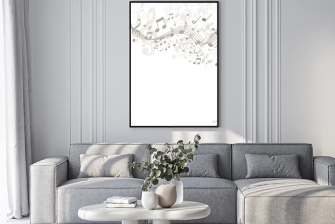 Plakat: Zwolniony w beżowym mit noten und ornamenten