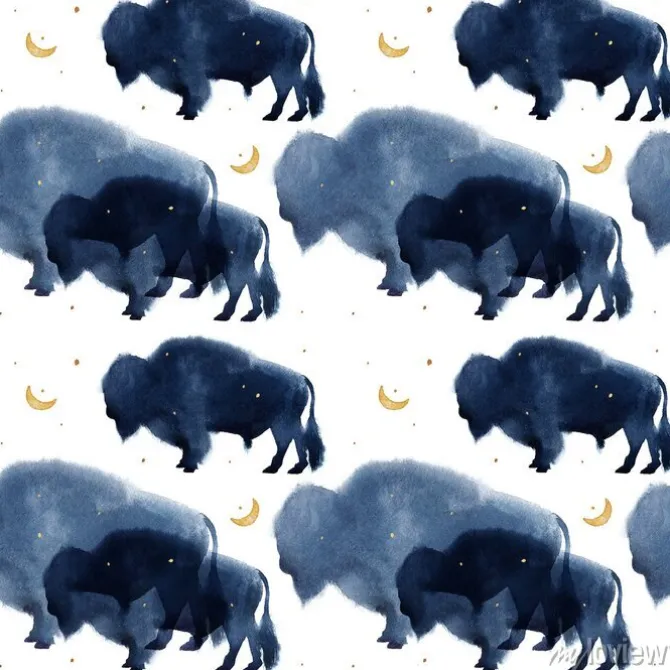 Tapeta: A seamless pattern with watercolor realistic bison silhouette