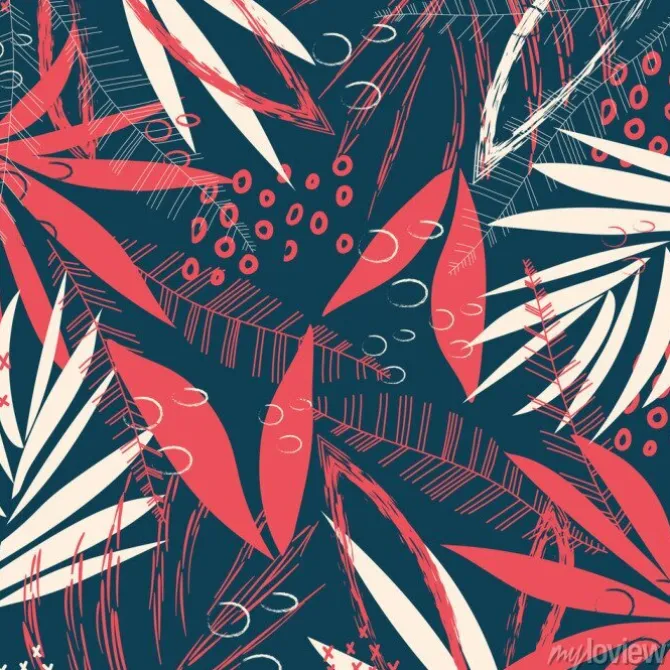 Tapeta: Abstract pattern with tropical leaves and plants on a dark geometric