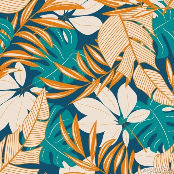 Tapeta: Abstract seamless pattern with colorful tropical leaves and flowers