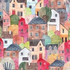 Tapeta: Abstract seamless pattern with houses. watercolor background.