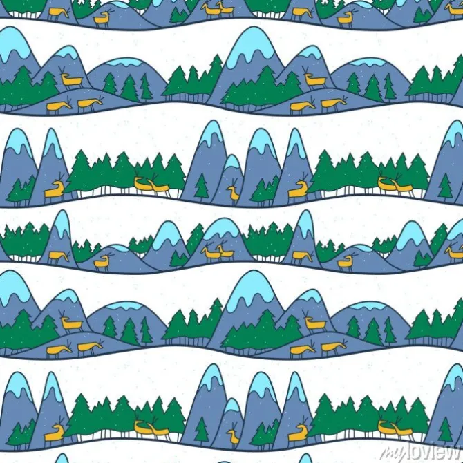 Tapeta: Ładny krajobraz zimowy. bożenarodzeniowy bezszwowy wzór z deers,