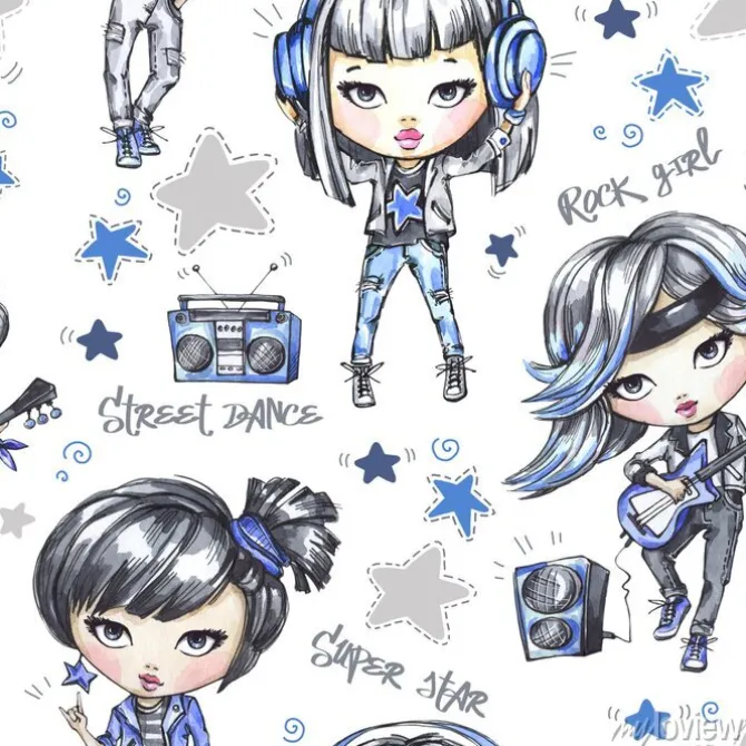 Tapeta: Akwarela bez szwu deseń z teenage dziewcząt muzycznych. nowoczesne