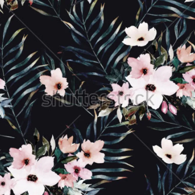 Tapeta: Akwarela egzotyczny wzór, zielone liście tropikalne, kwiaty,