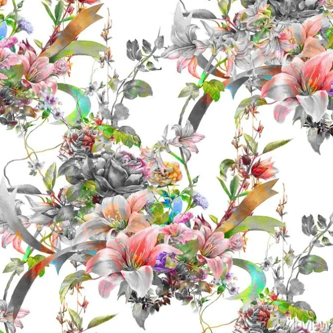 Tapeta: Akwarela malowanie liści i kwiatów, bez szwu deseń na białym