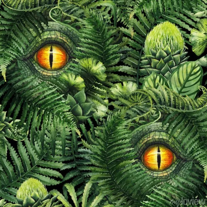 Tapeta: Akwarela oko dinozaura i prehistoryczne rośliny