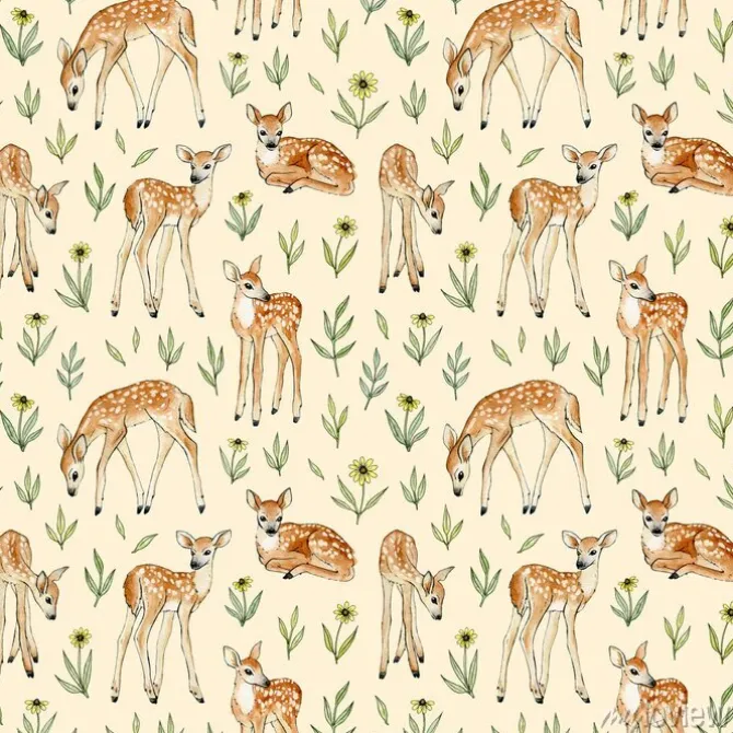 Tapeta: Akwarela ręcznie malowane słodkie jelenie z dzikimi kwiatami.
