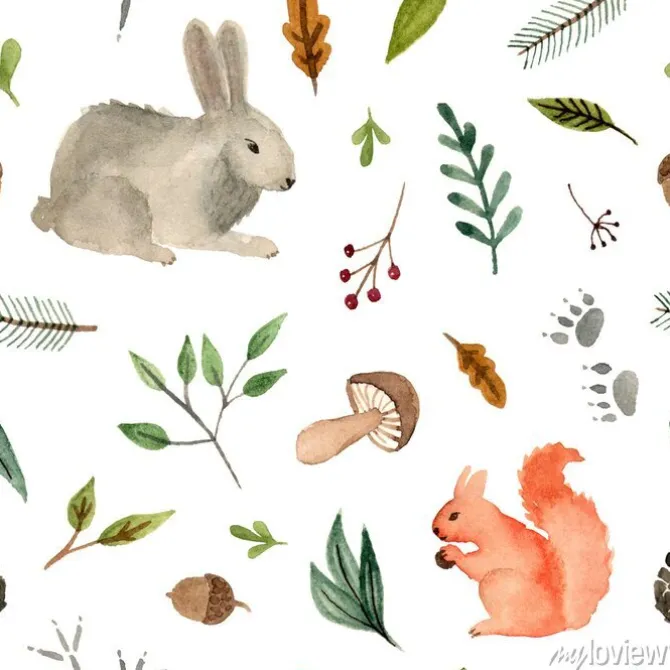 Tapeta: Akwarela ręcznie malowane zwierzęta - wiewiórka i królik. zespół