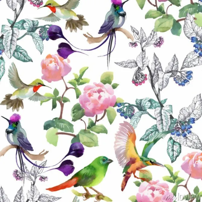 Tapeta: Akwarela ręcznie rysowane wzór z piękne kwiaty i kolorowe ptaki