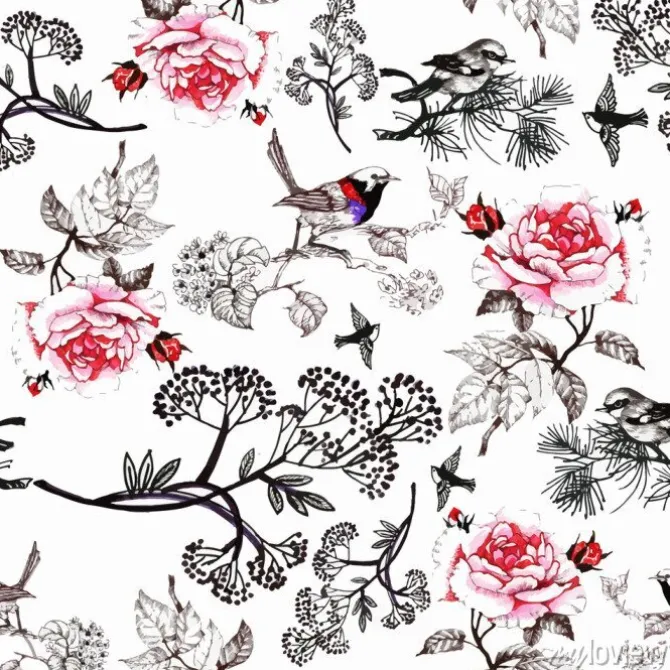 Tapeta: Akwarela ręcznie rysowane wzór z piękne kwiaty i kolorowe ptaki