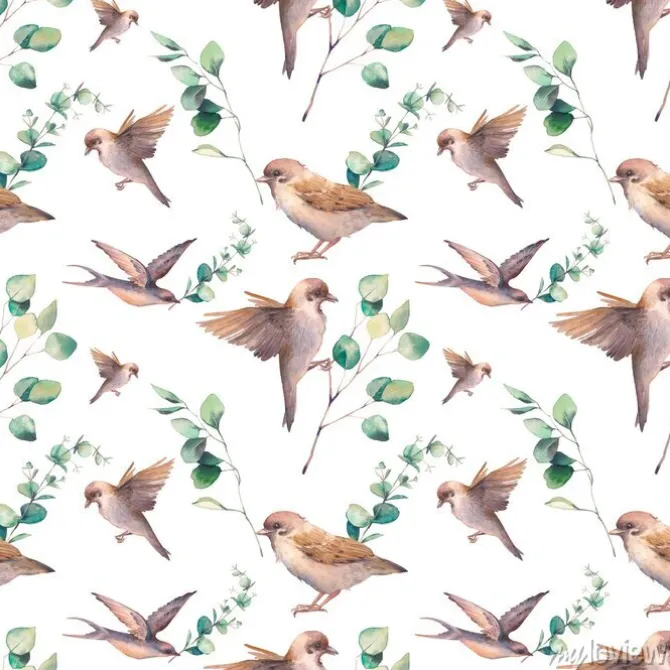 Tapeta: Akwarela wiosna wzór. wielostrzałowa tekstura z wróbli ptakami
