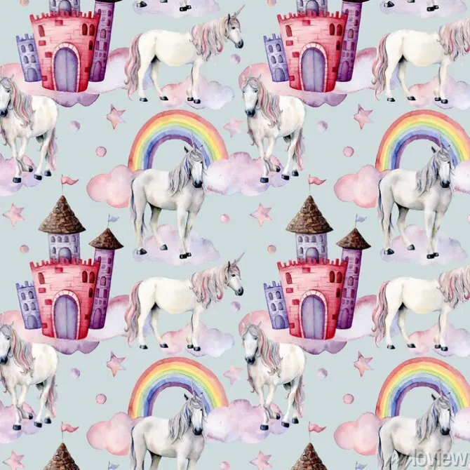 Tapeta: Akwarela wzór z jednorożce i wystrój bajki. ręcznie malowane