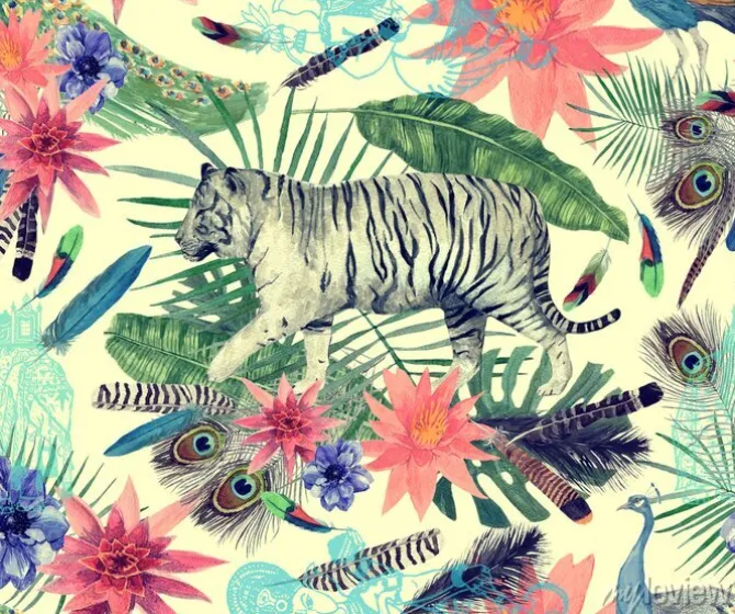 Tapeta: Akwarela wzór z tygrysy, pawie, liście, kwiaty.