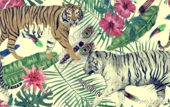 Tapeta: Akwarela wzór z tygrysami, liści, kwiatów.