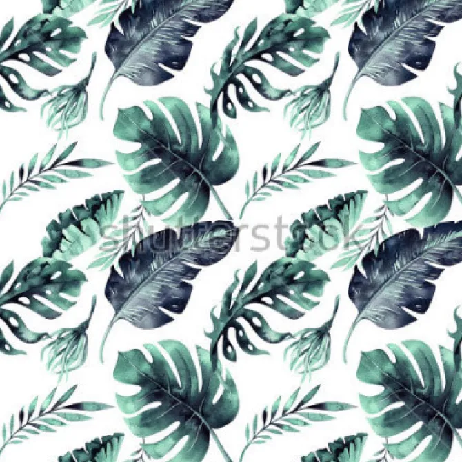 Tapeta: Akwarelowe egzotyczne liście w odcieniach zielonego
