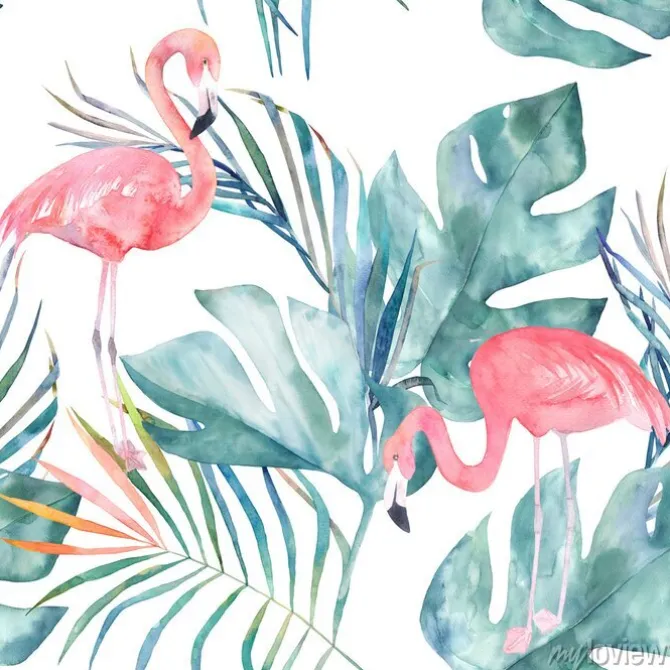 Tapeta: Akwarelowe flamingi i tropikalne liście