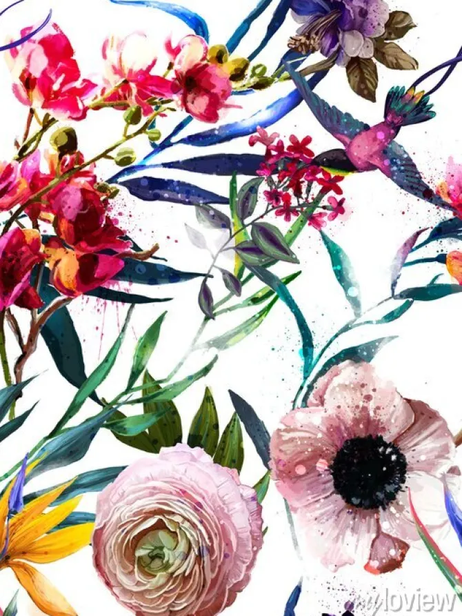 Tapeta: Akwarelowe kwiaty tropikalne