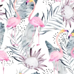 Tapeta: Akwarelowy deseń w liście i flamingi