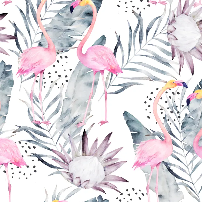 Tapeta: Akwarelowy deseń w liście i flamingi