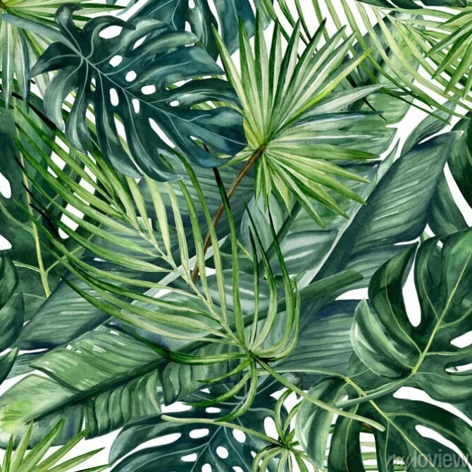 Tapeta: Akwarelowy wzór z zielonymi tropikalnymi liśćmi monstery i palmy