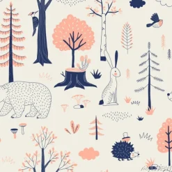 Tapeta: Autumn forest seamless vector pattern. woody landscape with hedgehog
