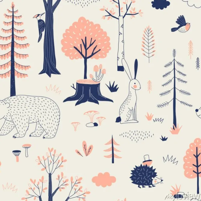 Tapeta: Autumn forest seamless vector pattern. woody landscape with hedgehog