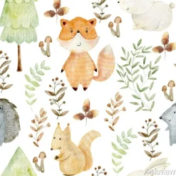 Tapeta: Bajkowy wzór w leśne zwierzęta akwarela