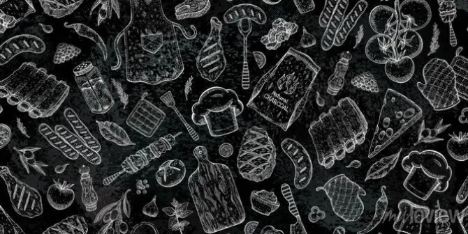 Tapeta: Barbecue kebab food pattern. hand drawn vintage steakhouse elements