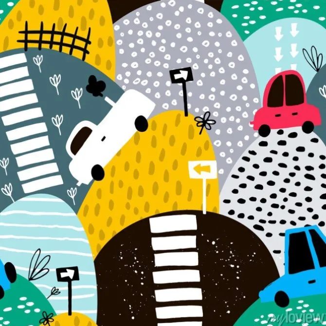 Tapeta: Bez szwu deseń ręcznie rysowane ładny samochód i wzgórza. cartoon