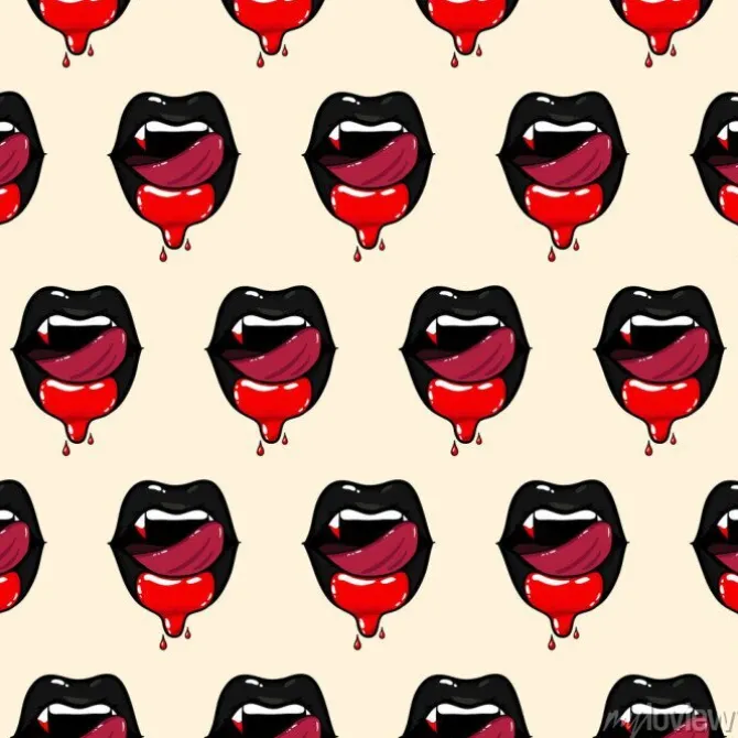 Tapeta: Bez szwu deseń wampirem kobieta otwarte usta z krwią i lizanie