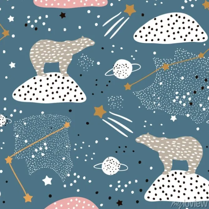 Tapeta: Bez szwu deseń z niedźwiedzia polarnego silhouette i konstelacji.