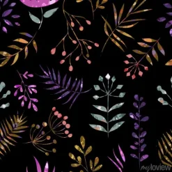 Tapeta: Bez szwu zbieranina wzór liści na czarnym tle