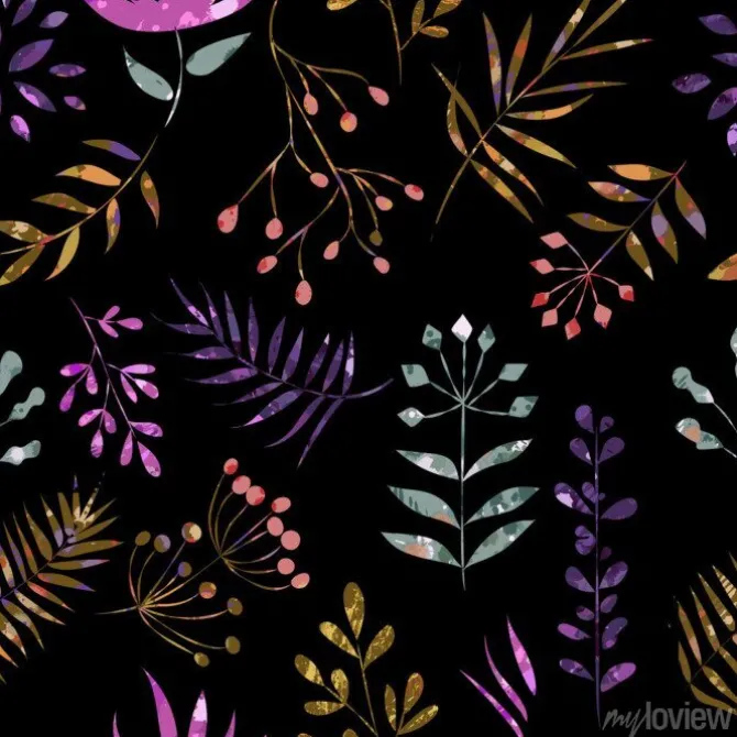 Tapeta: Bez szwu zbieranina wzór liści na czarnym tle