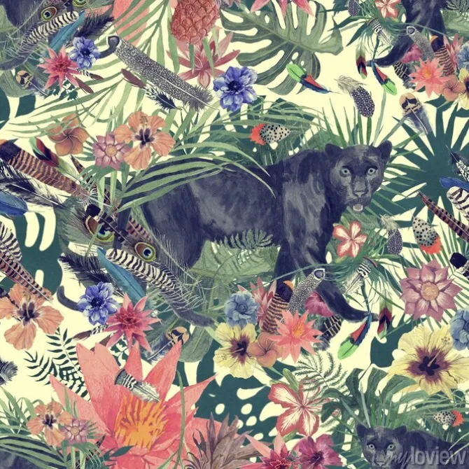 Tapeta: Bezszwowa ręka rysujący akwarela chodak z panterą, liśćmi, kwiatami,